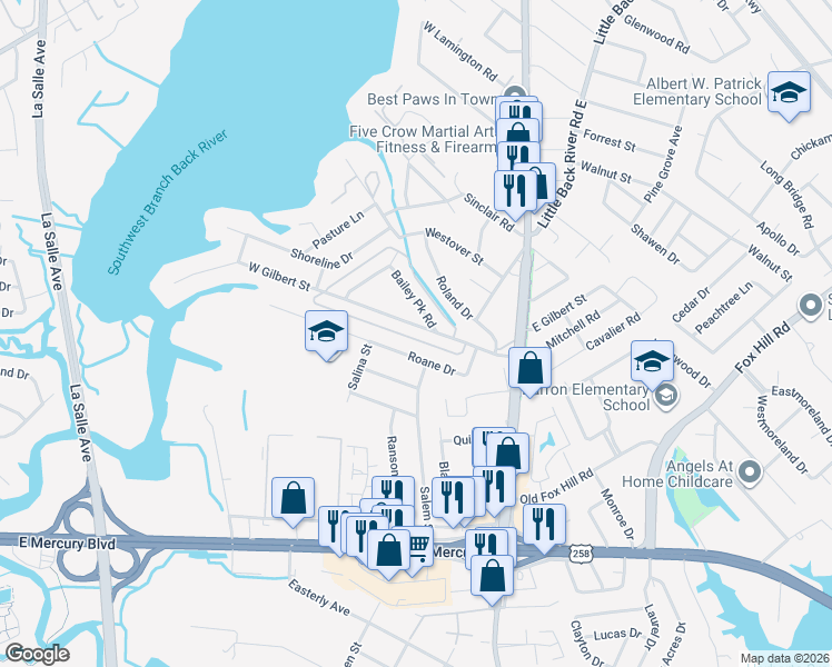 map of restaurants, bars, coffee shops, grocery stores, and more near 225 West Gilbert Street in Hampton