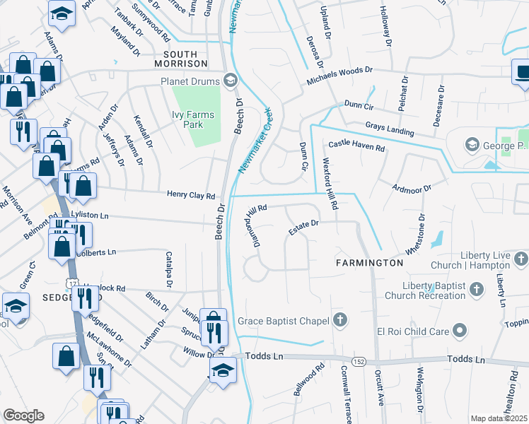 map of restaurants, bars, coffee shops, grocery stores, and more near 37 Diamond Hill Road in Hampton