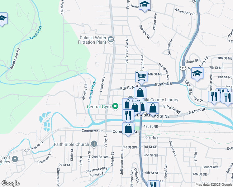 map of restaurants, bars, coffee shops, grocery stores, and more near 168-198 4th Street Northwest in Pulaski