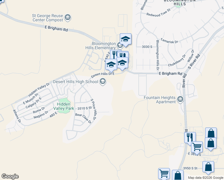 map of restaurants, bars, coffee shops, grocery stores, and more near 936 East Desert Hills Drive in St. George