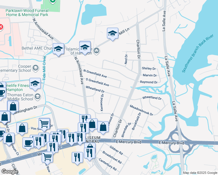 map of restaurants, bars, coffee shops, grocery stores, and more near 30 South Greenfield Avenue in Hampton