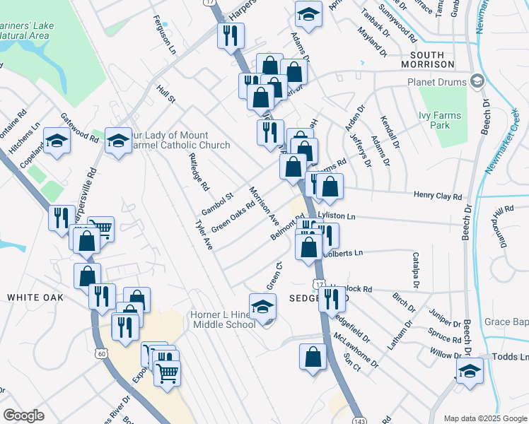 map of restaurants, bars, coffee shops, grocery stores, and more near 32 Greenwood Road in Newport News