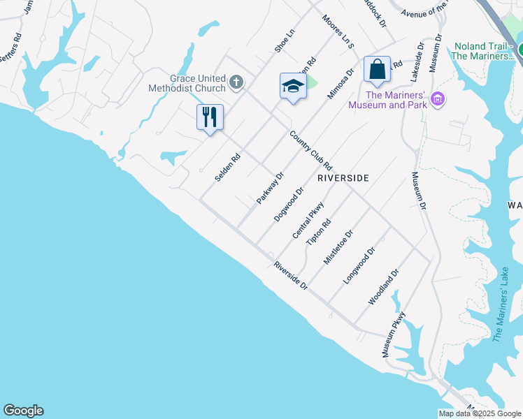 map of restaurants, bars, coffee shops, grocery stores, and more near 116 Parkway Drive in Newport News