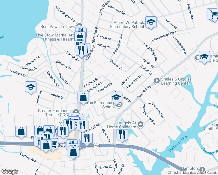 map of restaurants, bars, coffee shops, grocery stores, and more near 46 Cavalier Road in Hampton