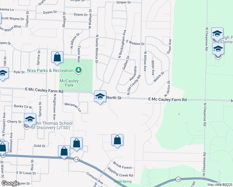 map of restaurants, bars, coffee shops, grocery stores, and more near E North St in Nixa