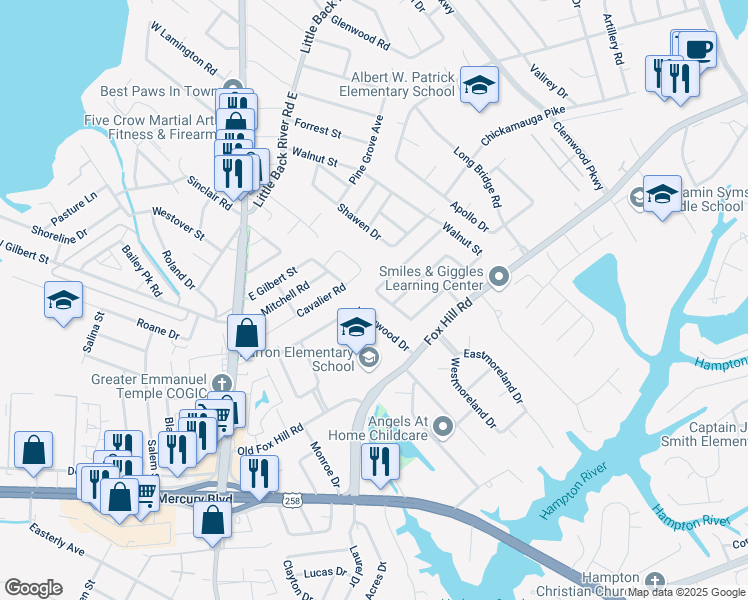 map of restaurants, bars, coffee shops, grocery stores, and more near 442 Cedar Drive in Hampton