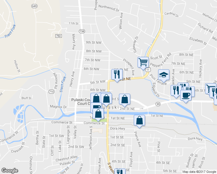 map of restaurants, bars, coffee shops, grocery stores, and more near North Washington Avenue in Pulaski