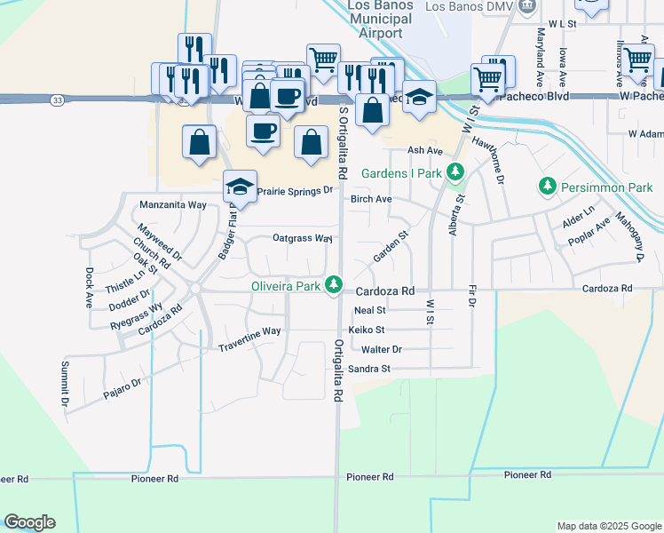 map of restaurants, bars, coffee shops, grocery stores, and more near 1628 Wildrye Avenue in Los Banos