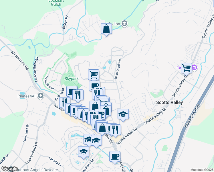 map of restaurants, bars, coffee shops, grocery stores, and more near 237 Bluebonnet Lane in Scotts Valley