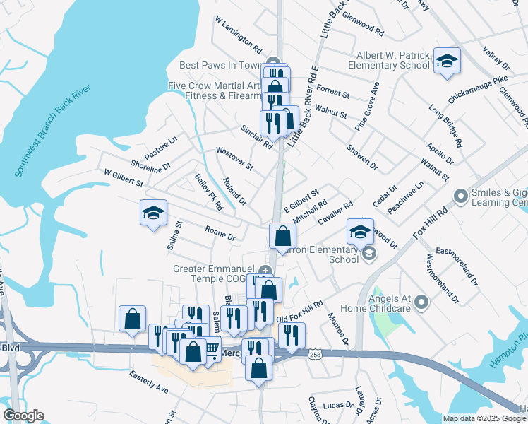 map of restaurants, bars, coffee shops, grocery stores, and more near 20 Roland Drive in Hampton