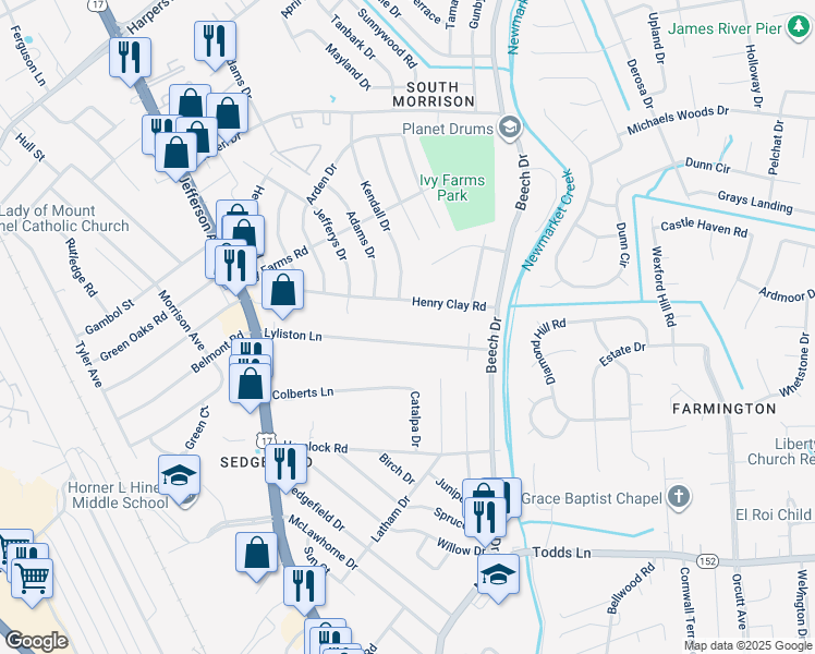 map of restaurants, bars, coffee shops, grocery stores, and more near 27 Lyliston Lane in Newport News