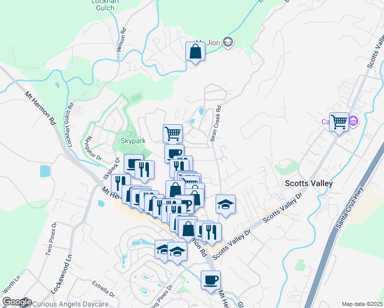 map of restaurants, bars, coffee shops, grocery stores, and more near 268 Bluebonnet Lane in Scotts Valley