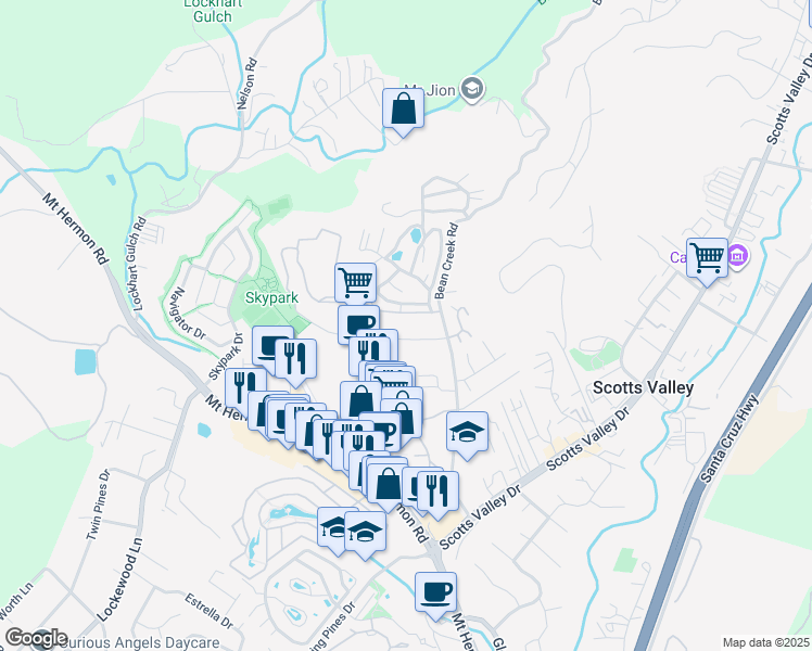 map of restaurants, bars, coffee shops, grocery stores, and more near 268 Bluebonnet Lane in Scotts Valley