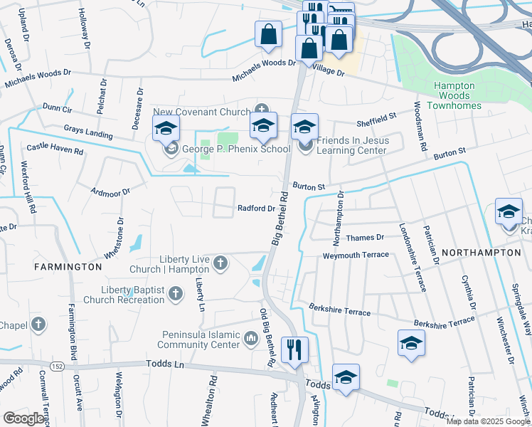 map of restaurants, bars, coffee shops, grocery stores, and more near 5 Radford Drive in Hampton