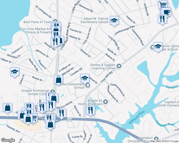 map of restaurants, bars, coffee shops, grocery stores, and more near 442 Cedar Drive in Hampton