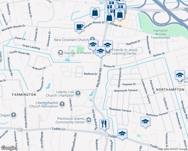 map of restaurants, bars, coffee shops, grocery stores, and more near 5 Radford Drive in Hampton