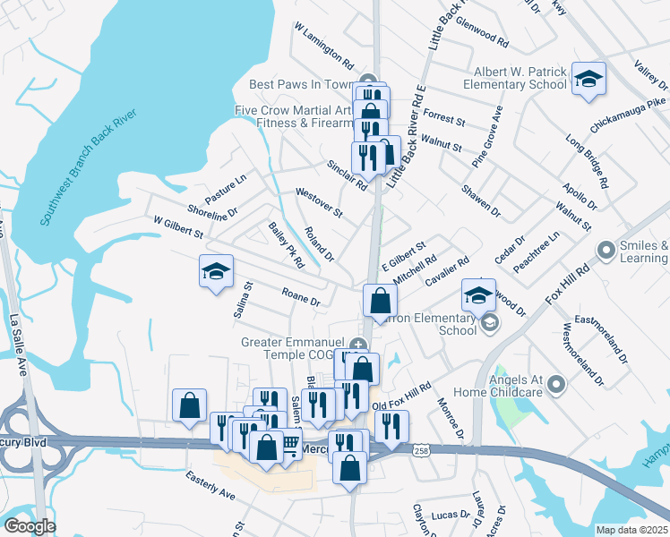 map of restaurants, bars, coffee shops, grocery stores, and more near 37 Roland Drive in Hampton