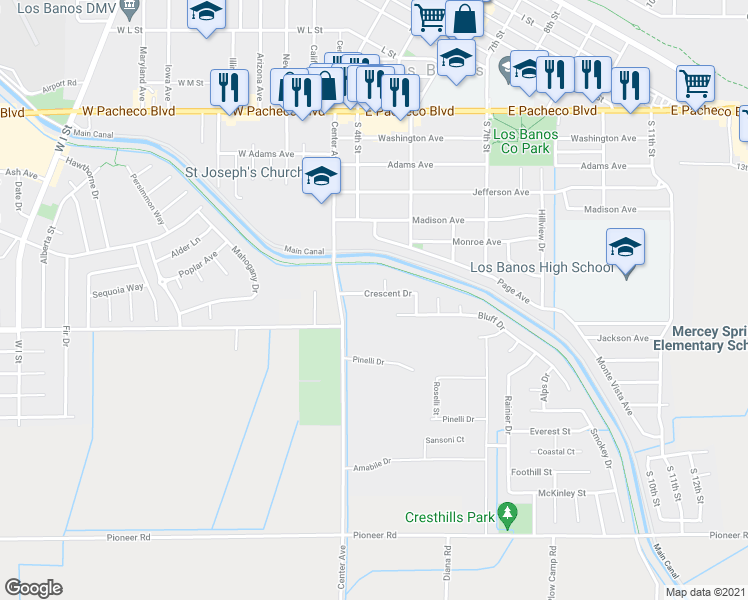 map of restaurants, bars, coffee shops, grocery stores, and more near 321 Crescent Drive in Los Banos