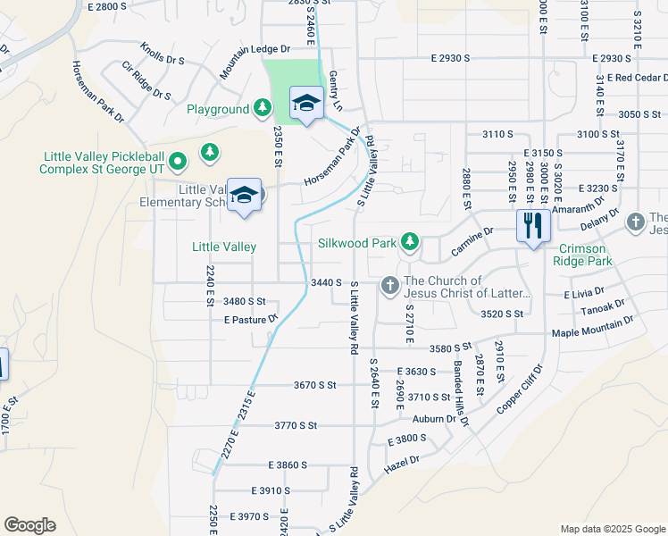 map of restaurants, bars, coffee shops, grocery stores, and more near 2457 East Crimson Ridge Drive in St. George