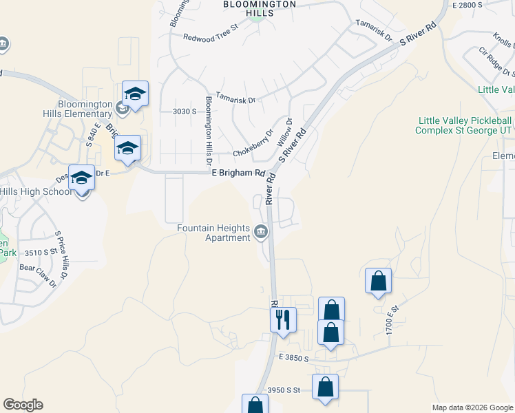 map of restaurants, bars, coffee shops, grocery stores, and more near 4012 South River Road in St. George