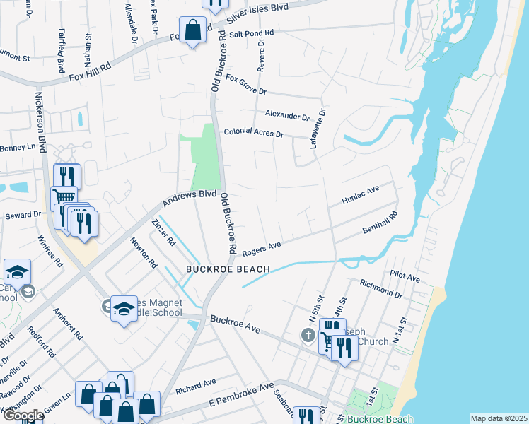 map of restaurants, bars, coffee shops, grocery stores, and more near 12 Barnes Court in Hampton