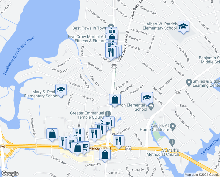map of restaurants, bars, coffee shops, grocery stores, and more near 101 West Gilbert Street in Hampton