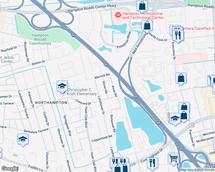 map of restaurants, bars, coffee shops, grocery stores, and more near 210 Dover Road in Hampton