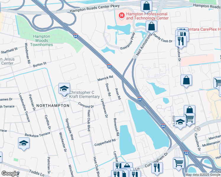 map of restaurants, bars, coffee shops, grocery stores, and more near 210 Dover Road in Hampton