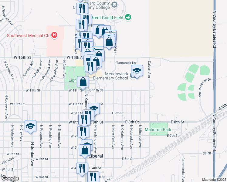 map of restaurants, bars, coffee shops, grocery stores, and more near 1014-1030 North New York Avenue in Liberal