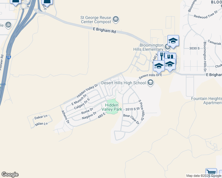 map of restaurants, bars, coffee shops, grocery stores, and more near 3439 South Barcelona Drive in St. George