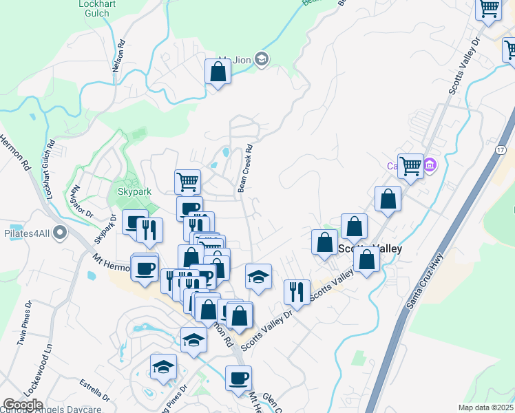 map of restaurants, bars, coffee shops, grocery stores, and more near 130 Viki Court in Scotts Valley