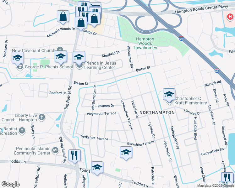 map of restaurants, bars, coffee shops, grocery stores, and more near 801 Churchill Terrace in Hampton
