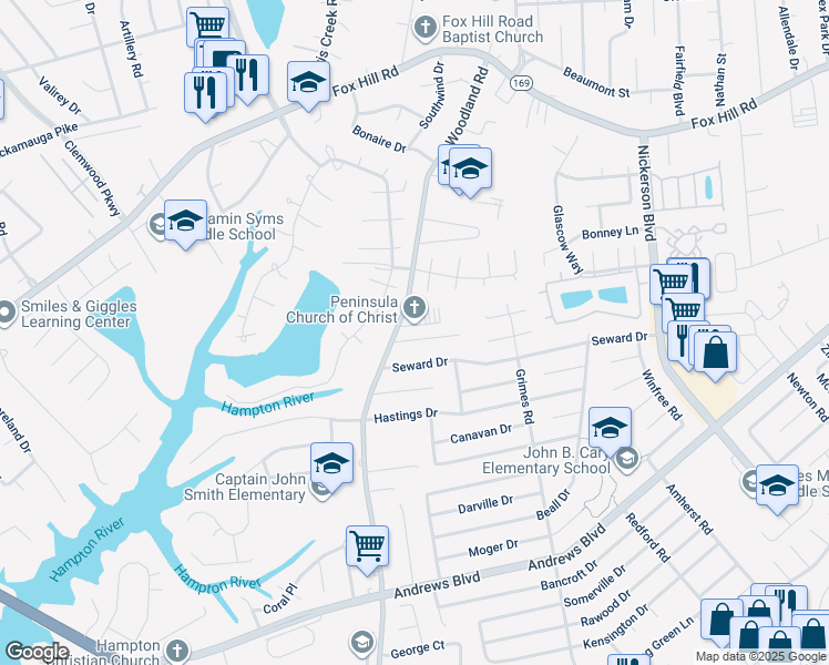 map of restaurants, bars, coffee shops, grocery stores, and more near 1405 Dorene Court in Hampton