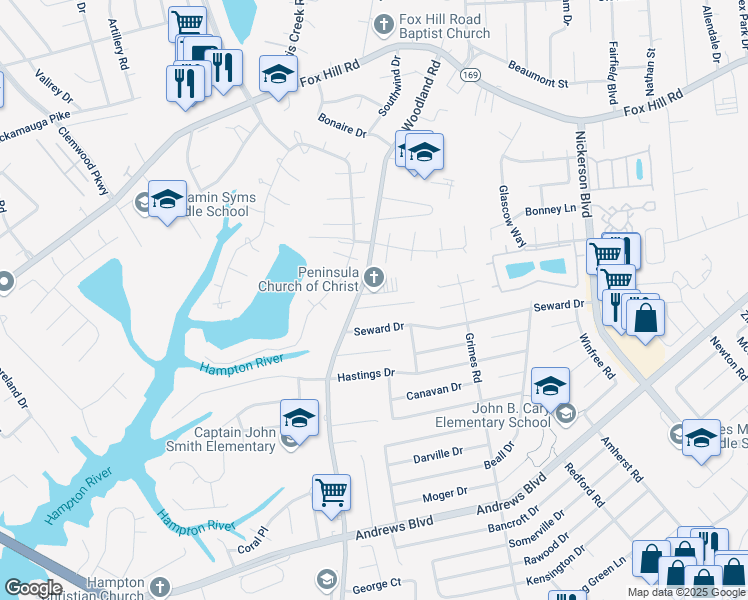 map of restaurants, bars, coffee shops, grocery stores, and more near 1410 Dorene Court in Hampton