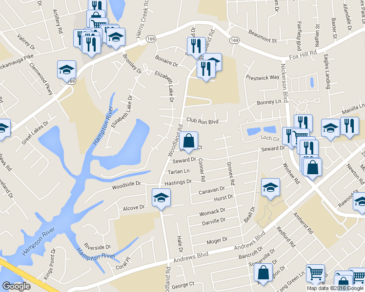 map of restaurants, bars, coffee shops, grocery stores, and more near 1405 Dorene Court in Hampton