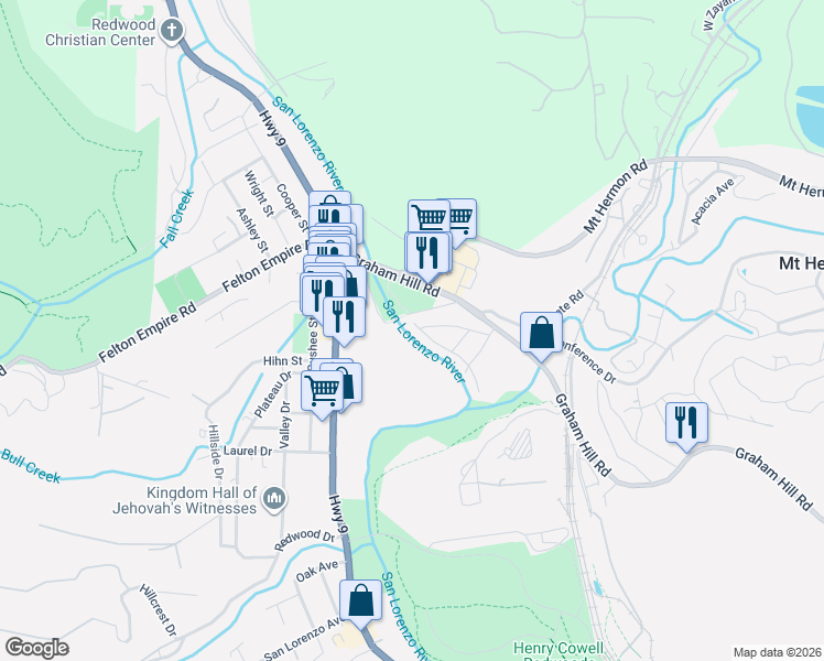 map of restaurants, bars, coffee shops, grocery stores, and more near 364 River Road in Felton