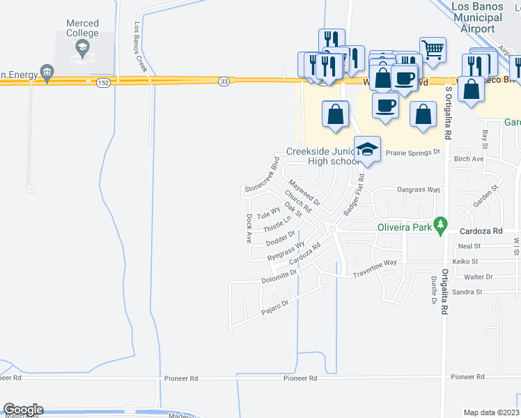 map of restaurants, bars, coffee shops, grocery stores, and more near 1627 Marsh Court in Los Banos