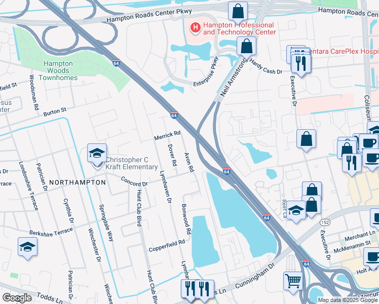map of restaurants, bars, coffee shops, grocery stores, and more near 212 Avon Road in Hampton