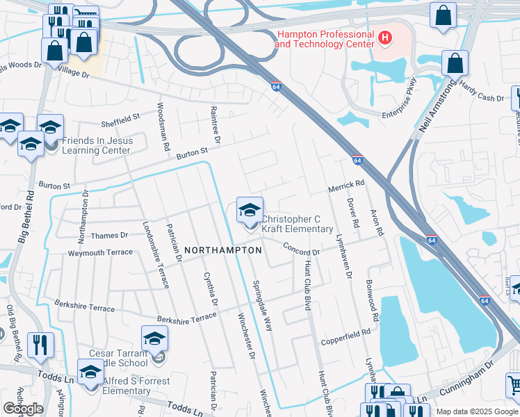 map of restaurants, bars, coffee shops, grocery stores, and more near 215 Lowden Hunt Drive in Hampton