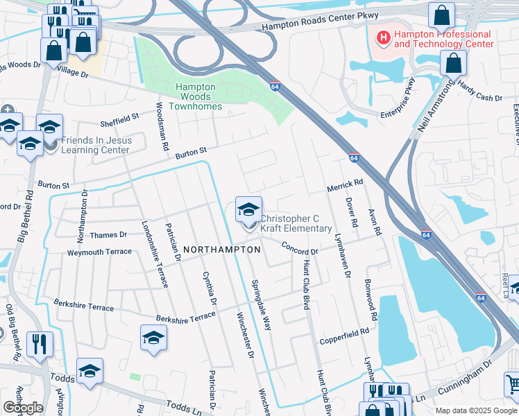 map of restaurants, bars, coffee shops, grocery stores, and more near 215 Lowden Hunt Drive in Hampton