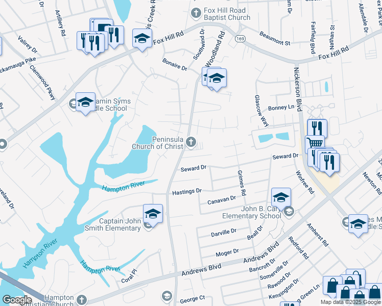 map of restaurants, bars, coffee shops, grocery stores, and more near 1410 Dorene Court in Hampton