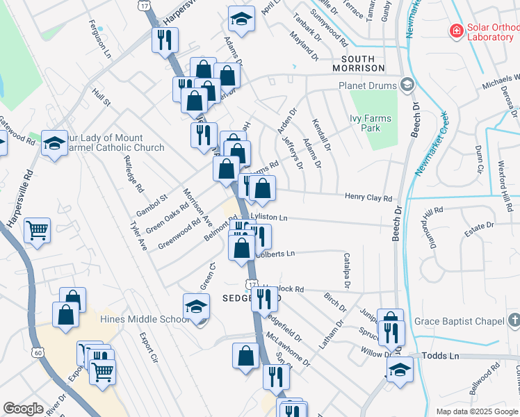 map of restaurants, bars, coffee shops, grocery stores, and more near 10614 Jefferson Avenue in Newport News