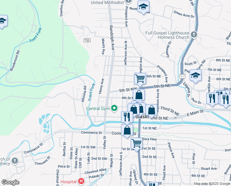 map of restaurants, bars, coffee shops, grocery stores, and more near 168-198 4th Street Northwest in Pulaski