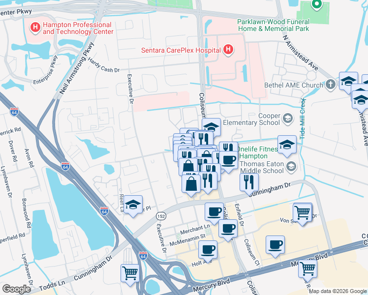 map of restaurants, bars, coffee shops, grocery stores, and more near 260 Marcella Road in Hampton