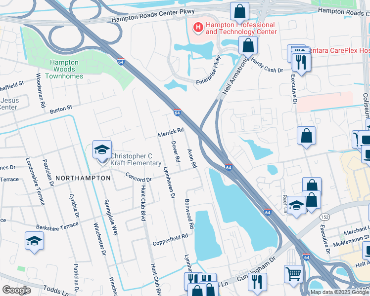 map of restaurants, bars, coffee shops, grocery stores, and more near 215 Avon Road in Hampton