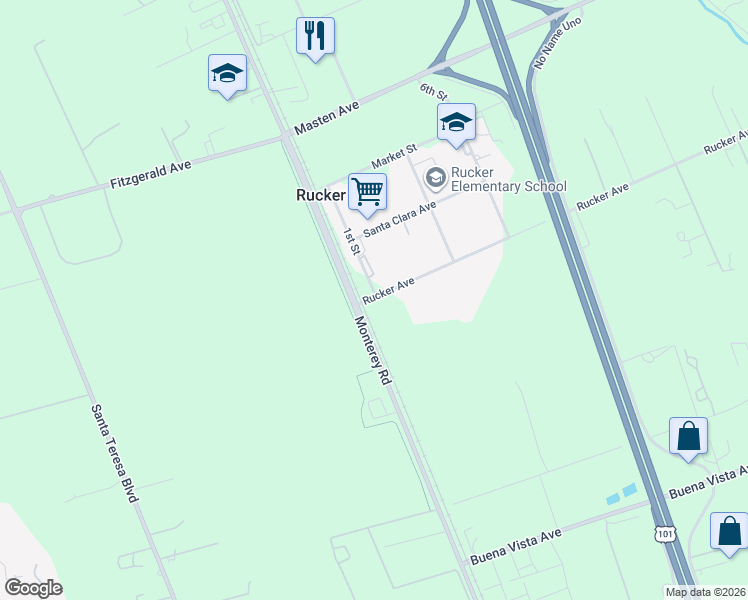 map of restaurants, bars, coffee shops, grocery stores, and more near 170 Rucker Avenue in Gilroy