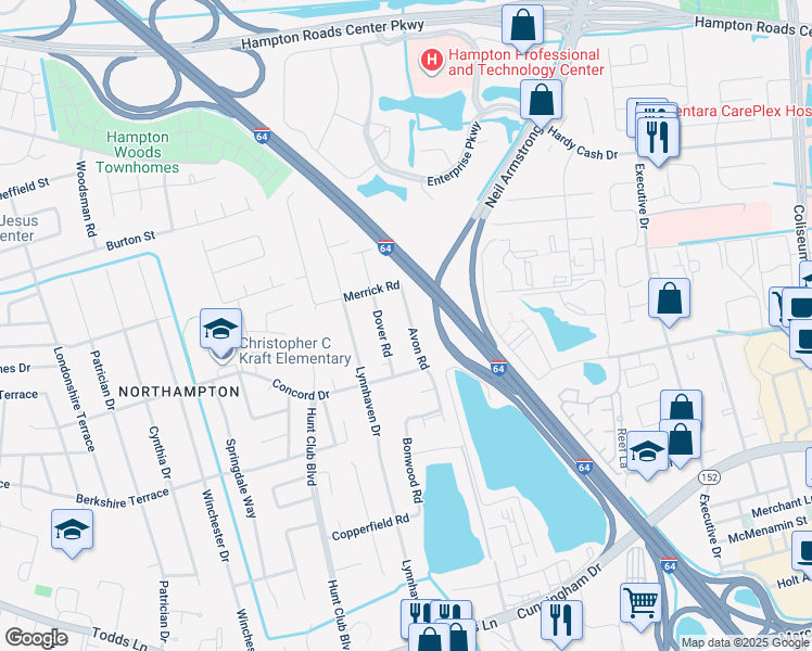 map of restaurants, bars, coffee shops, grocery stores, and more near 215 Avon Road in Hampton