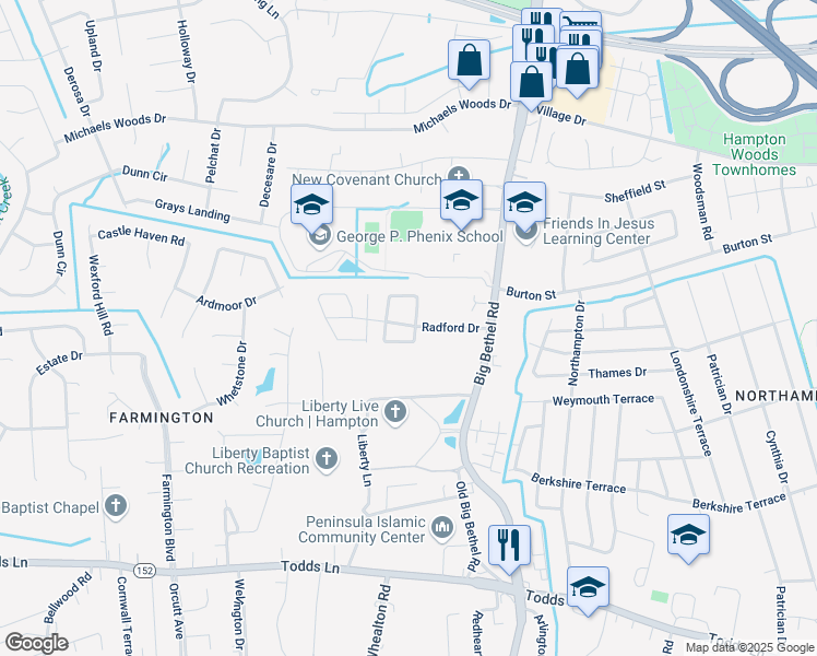 map of restaurants, bars, coffee shops, grocery stores, and more near 2 Dane Court in Hampton