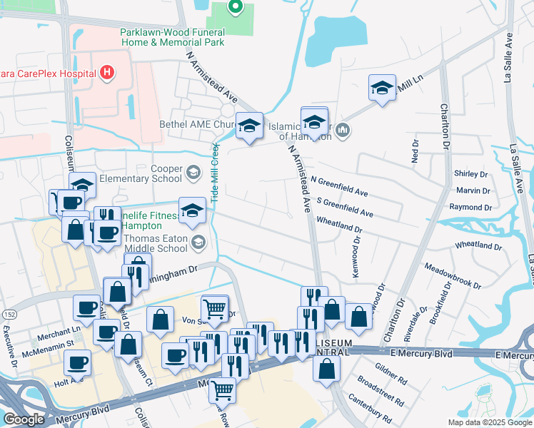 map of restaurants, bars, coffee shops, grocery stores, and more near 119 Tanglewood Drive in Hampton