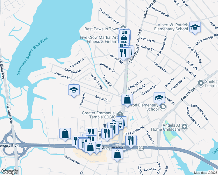 map of restaurants, bars, coffee shops, grocery stores, and more near 105 Roland Drive in Hampton